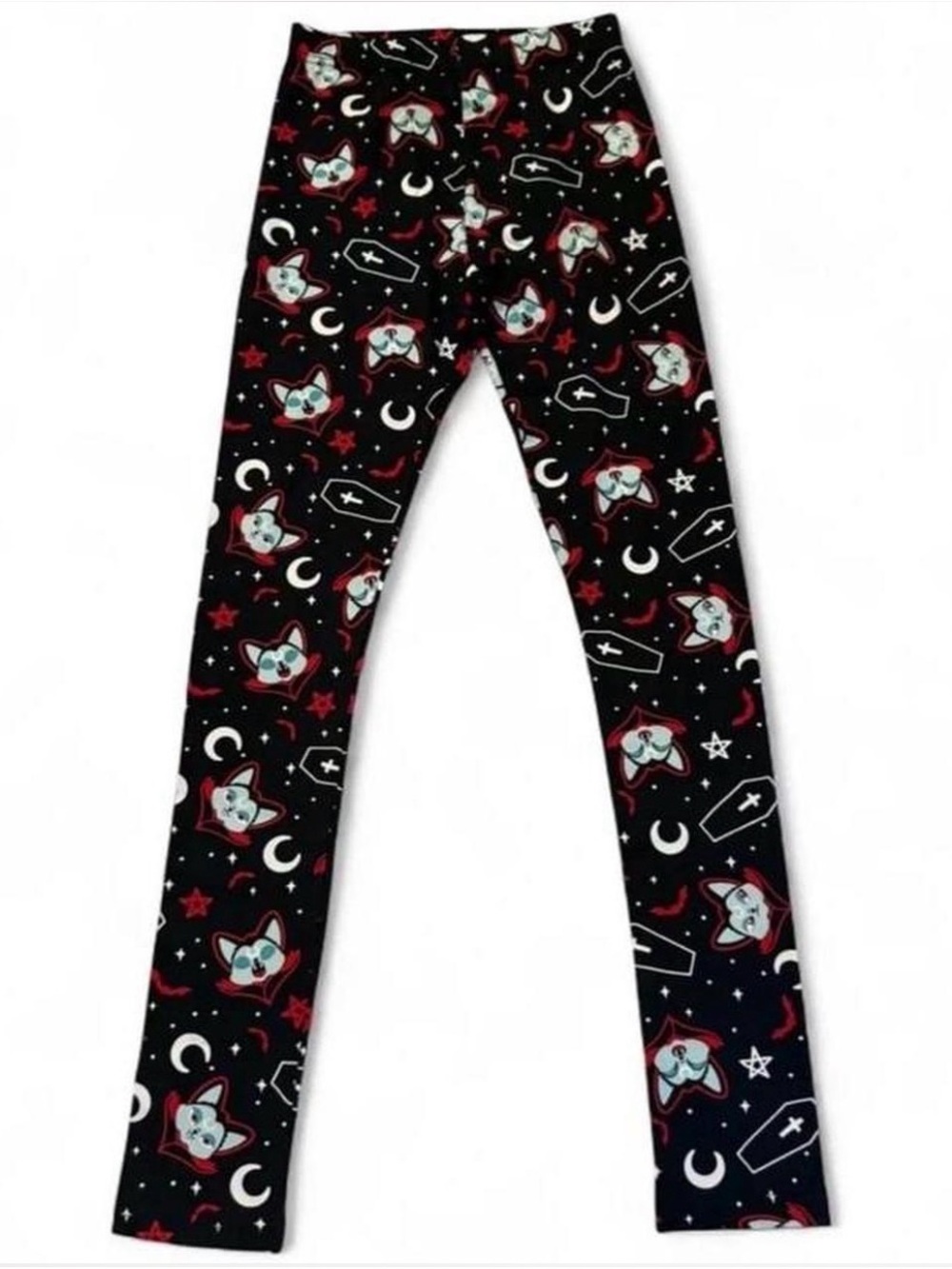 BNWT Killstar Black Leggings with Red & White Cat, Moon and Coffin Print